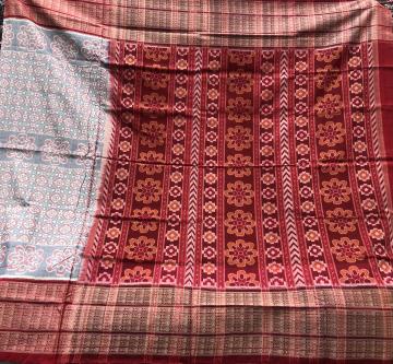 Fish motifs thick Border Grey and Red Cotton Ikat Saree with Blouse Piece