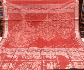 Taj Mahal theme with elephant motifs on body and peacock motifs Aanchal Ikat Silk saree with blouse 