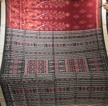 Worshiping women motifs Maroon and black Silk Cotton Ikat Saree with Blouse Piece