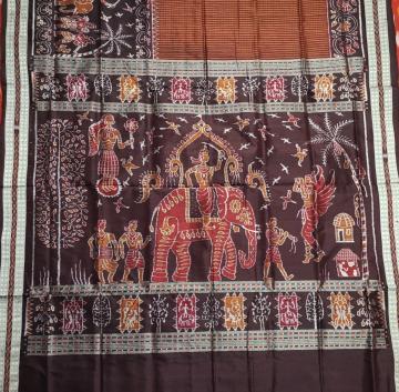 Tribal art and marriage theme body stripes Ikat Silk Saree with blouse piece