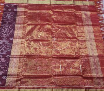Border and Aanchal tissue Laxmi yantra motifs Ikat Silk Saree with Blouse Piece