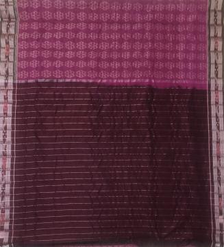 Flower motifs on stripes body Cotton Ikat Saree without Blouse Piece