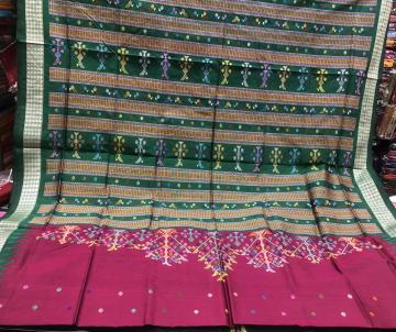 Intricately woven bird motifs Bomkai Silk saree with Blouse piece
