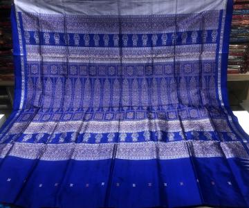 Blue and Grey Kalashi motifs Bomkai Silk Saree with Blouse Piece