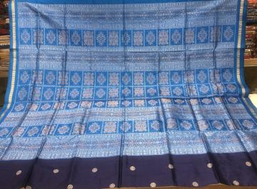Shades of blue beautiful Bomkai Silk Saree with Blouse Piece