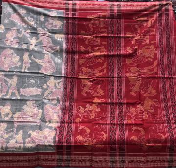 Childhood of Krishna Theme Cotton Ikat Saree with Blouse piece