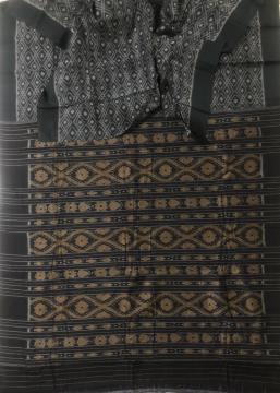 Geometric pattern black color Cotton Ikat saree without blouse Piece