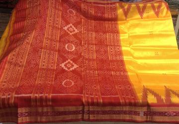Temple border Yellow Red Traditional Khandua Silk Saree without blouse piece