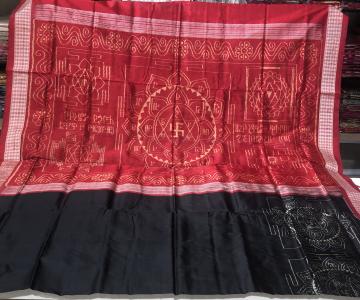 Intricately woven Laxmi Yantra theme Ikat Silk Sares with blouse Piece
