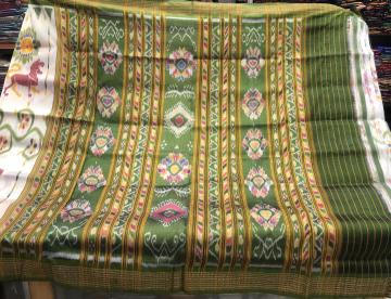 Elephant and Lion motifs Traditional Khandua Silk Ikat Saree without blouse piece