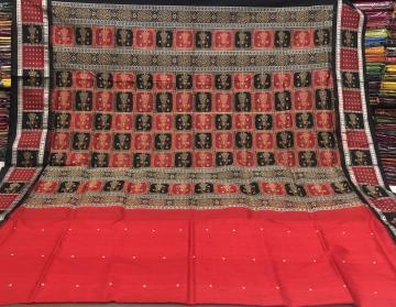 Doll border and Aanchal Red black Bomkai Saree with blouse piece