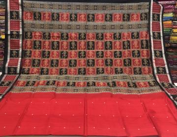 Doll border and Aanchal Red black Bomkai Saree with blouse piece