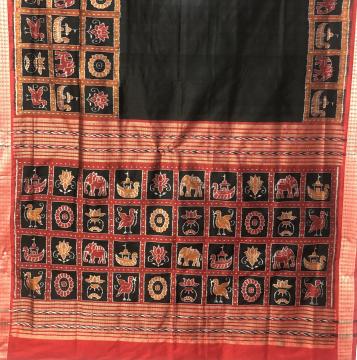 Exclusively woven Nabakothi motifs on Aanchal and border Ikat Silk Saree with Blouse piece