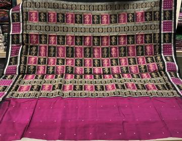 Doll border and Aanchal Magenta black Bomkai Silk saree with blouse piece