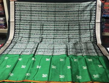 Green and black combination parrot motifs Bomkai Silk saree with blouse piece