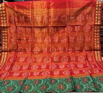 Temple and wheel motifs Aanchal with parrot and lotus motifs body tissue silk Ikat Saree with blouse