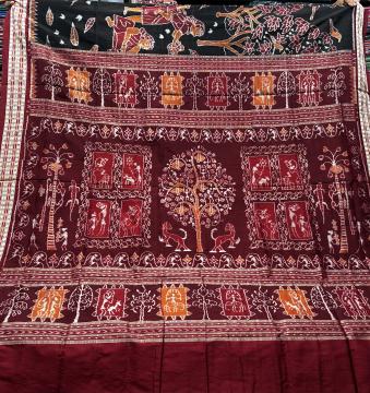 Intricately woven tribal life theme Ikat Weave Silk Sarse with blouse Piece