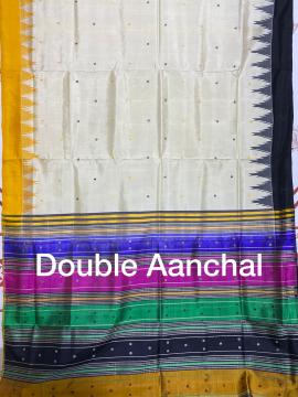 Yellow and black phoda kumbha border double Aanchal Berhampuri Silk saree with blouse piece