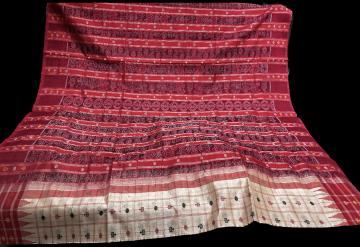 Intricate turtle butis motifs on body n border adorned with traditional ikat Aanchal Bapta Saree 