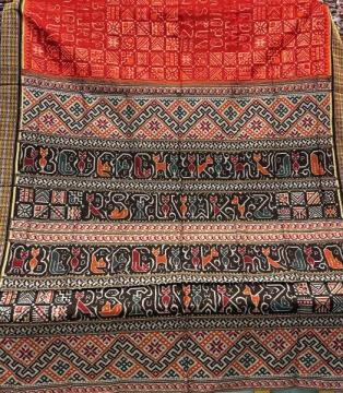 Creatively Woven Alphabets and Geometric Forms artistic cotton Ikat saree with Blouse piece