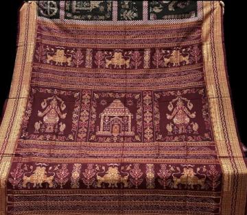 Divine Threads A Beautifully Handcrafted Ikat Saree with Intricate Temple and Goddess Motifs