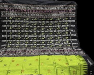 Exquisite Palki themed border Silk Saree with Flower Motifs Aanchal Bomkai Ikat Weave