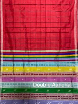 Regal Charm Body checks with double Aanchal Red Berhampuri Silk Saree with Blouse Piece