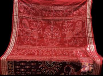 Graceful Ikat silk Saree a symphony of Peacock motifs Aanchal with elephant n fish motifs body