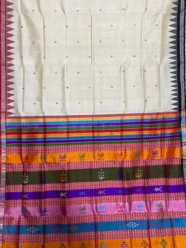 Exquisite birds and fish motifs Ganga Jamuna border double Aanchal Berhampuri silk saree with blouse
