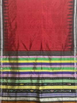 Dark Red with Black combination Double Aanchal Berhampuri silk saree with blouse piece