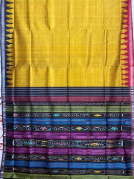 Ganga Jamuna phoda kumbha border Mustard yellow Double pallu Berhampuri silk saree with blouse piece
