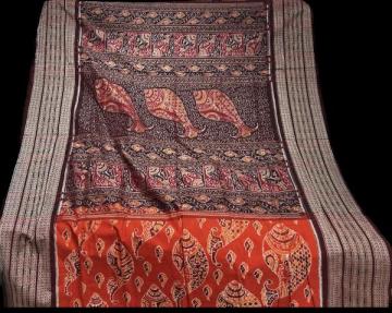 Master weaver s creation intricately woven conch motifs Cotton Ikat Saree