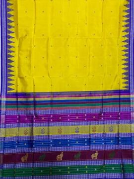 Yellow and blue combination heavy thread work double Aanchal Berhampuri silk saree with blouse piece
