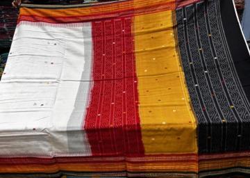 Thick multicoloured border cotton kathiphera saree with blouse piece