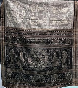 Divine Tapestry Temple Inspired Ikat Cotton Saree with Chakra Dancer elephant and Lion Motifs