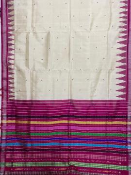 Creamy white n Rani pink phoda kumbha border double Aanchal Berhampuri silk saree with blouse piece