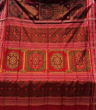 Exploring the intricacies of cotton Ikat saree with temple theme featuring elegance of lion n chakra
