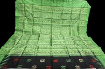 Black and green combination tribal motifs Bomkai Silk saree with blouse piece