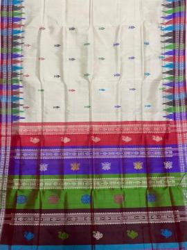 Exclusively woven fish buta body with multicoloured border double Aanchal Berhampuri Saree