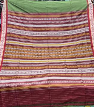 Green red fish and turtle motifs cotton bomkai saree with blouse piece