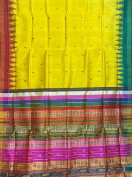 Ganga Jamuna phoda kumbha border double Aanchal yellow Berhampuri silk saree with blouse piece