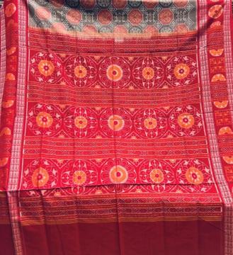 Flower motifs border and Aanchal Laxmi Pooja theme motifs body Cotton Ikat saree with blouse piece