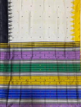 Creamy white body Ganga Jamuna border multicolour double Aanchal Berhampuri silk saree with blouse