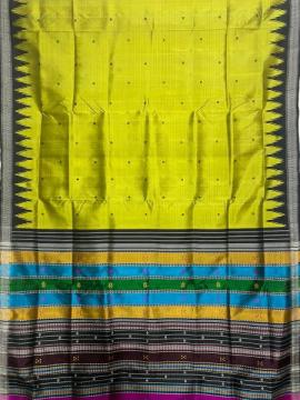 Lemon green and black combination multicoloured double Aanchal Berhampuri silk saree with blouse