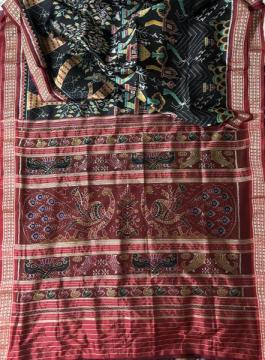 Scenic beauty theme with rain motifs Khandua silk Ikat saree with blouse piece