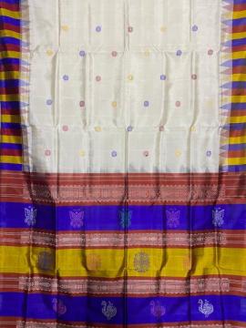 Exclusive creamy white body with multicoloured needle border double Aanchal Berhampuri silk saree