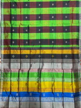 Exclusively woven chequered block body with double Aanchal Berhampuri silk saree with blouse piece