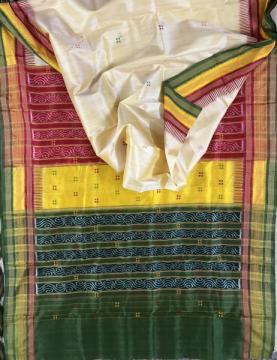 Red yellow green Aanchal and border Khandua silk Ikat kathiphera saree with blouse piece