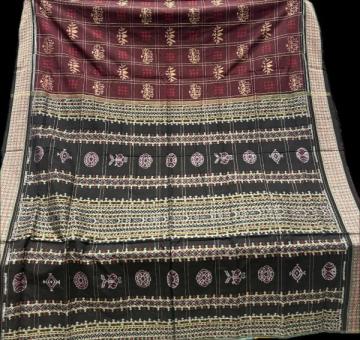 Rudraksha and flower buti border with lotus motifs body Cotton Ikat saree with Blouse piece