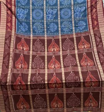 Beautiful lotus peacock lion etc motifs Sambalpuri cotton Ikat saree with blouse piece